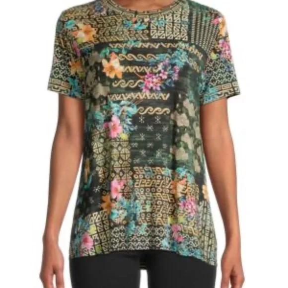 Johnny Was Multicolor Floral Geometric Short Sleeve Top Crew Neck - Picture 1 of 6